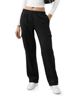 REORIA Damen Jogginghose Trendige Mode weites Bein Jogginghose mit Taschen Kordelzug mittelhoher Bund Y2K Herbst Winter Fleece gefütterte Baggy Hose sportliche Jogginghose Schwarz L von REORIA