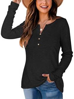 REORIA Damen Langarmshirts Henley Shirt Lässige einfarbige Tops mit Knopfleiste vorne Schwarz S von REORIA