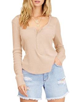 REORIA Damen Langarmshirts Henley Waffle Knit Shirt Button T Shirt mit Shirttail-Saum Khaki L von REORIA