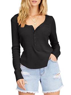 REORIA Damen Langarmshirts Henley Waffle Knit Shirt Button T Shirt mit Shirttail-Saum Schwarz XXL von REORIA