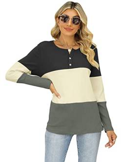 REORIA Damen Langarmshirts Knopf Gestreift Farbblock Kontrast Panel Shirt Patchwork Oberteile Schwarz_Beige_Dunkelgrau XL von REORIA