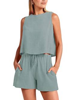 REORIA Damen Loungewear 2 teilige Outfits ärmelloses Crop Top Tank und hoch taillierte Shorts Sets Strampler Trainingsanzüge Cyanblau XXL von REORIA