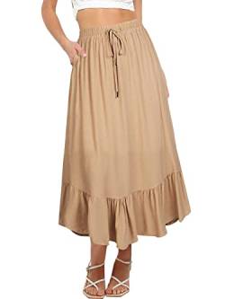 REORIA Damen Röcke Elastische Maxiröcke mit hoher Taille für Damen Lange Röcke mit Taschen Khaki L von REORIA