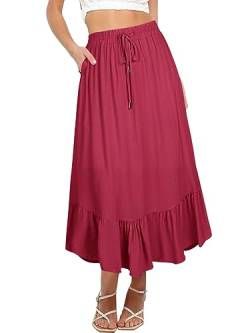 REORIA Damen Röcke Elastische Maxiröcke mit hoher Taille für Damen Lange Röcke mit Taschen Rot M von REORIA