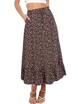 REORIA Damen Röcke Elastische Maxiröcke mit hoher Taille für Damen Lange Röcke mit Taschen Schwarze Blumen L von REORIA