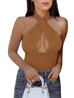 REORIA Damen Sexy Criss Cross Neckholder Ärmellos Party Club Nacht Ausgehen Tanga Bodysuits Tops Braun Klein von REORIA