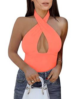 REORIA Damen Sexy Criss Cross Neckholder Ärmellos Party Club Nacht Ausgehen Tanga Bodysuits Tops Neon Pink Small von REORIA