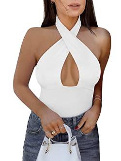 REORIA Damen Sexy Criss Cross Neckholder Ärmellos Party Club Nacht Ausgehen Tanga Bodysuits Tops Weiß S von REORIA