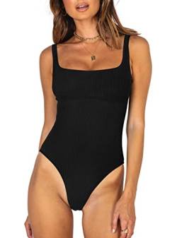 REORIA Damen Sexy Fashion Square Neck Ärmellos Unterbrust Detaillierung Gerippter Strick Einteiler Slimming Tank Tanga Bodysuits Tops Trikots zum Ausgehen Schwarz Large von REORIA