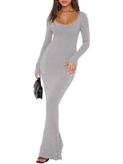 REORIA Damen Sexy Kleid mit quadratischem Ausschnitt und Langen Ärmeln weiches Lounge-Kleid Lässige gerippte figurbetonte Maxikleider Hellgrau XL von REORIA