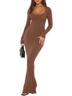 REORIA Damen Sexy Kleid mit quadratischem Ausschnitt und Langen Ärmeln weiches Lounge-Kleid Lässige gerippte figurbetonte Maxikleider Kaffee L von REORIA