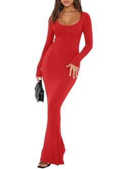 REORIA Damen Sexy Kleid mit quadratischem Ausschnitt und Langen Ärmeln weiches Lounge-Kleid Lässige gerippte figurbetonte Maxikleider Rot L von REORIA