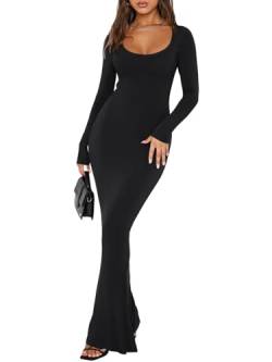 REORIA Damen Sexy Kleid mit quadratischem Ausschnitt und Langen Ärmeln weiches Lounge-Kleid Lässige gerippte figurbetonte Maxikleider Schwarz L von REORIA