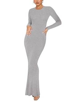 REORIA Damen Sexy Lounge Kleid mit Rundhalsausschnitt Elegante langärmlige gerippte figurbetonte Maxikleider Hellgrau M von REORIA