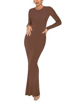 REORIA Damen Sexy Lounge Kleid mit Rundhalsausschnitt Elegante langärmlige gerippte figurbetonte Maxikleider Kaffee S von REORIA