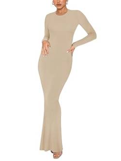 REORIA Damen Sexy Lounge Kleid mit Rundhalsausschnitt Elegante langärmlige gerippte figurbetonte Maxikleider Khaki XS von REORIA