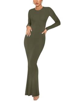 REORIA Damen Sexy Lounge Kleid mit Rundhalsausschnitt Elegante langärmlige gerippte figurbetonte Maxikleider Olivgrün M von REORIA
