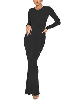 REORIA Damen Sexy Lounge Kleid mit Rundhalsausschnitt Elegante langärmlige gerippte figurbetonte Maxikleider Schwarz L von REORIA