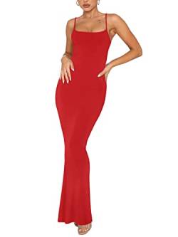 REORIA Damen Sexy Lounge Slip Langes Kleid Elegantes Hochzeitsgast ärmelloses rückenfreies Geripptes figurbetontes Maxikleid Rot XS von REORIA