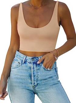 REORIA Damen Sexy Top mit tiefem U-Ausschnitt doppelt gefüttert nahtlos ärmellos kurzes Cami Tanktop Yoga Crop Tops Beige M von REORIA