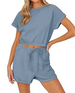 REORIA Damen Sommer Kurzarm Tank Top und Shorts Loungewear Sweatsuit Outfits Pyjama Set Trainingsanzüge Grau Blau XXL von REORIA