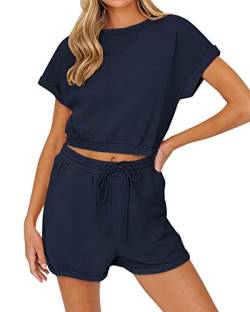 REORIA Damen Sommer Kurzarm Tank Top und Shorts Loungewear Sweatsuit Outfits Pyjama Set Trainingsanzüge Marineblau S von REORIA