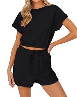 REORIA Damen Sommer Kurzarm Tank Top und Shorts Loungewear Sweatsuit Outfits Pyjama Set Trainingsanzüge Schwarz L von REORIA