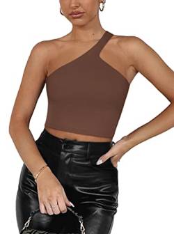 REORIA Damen Sommer Sexy Casual Eine Schulter Doppelt Gefüttert Nahtlos Rückenfrei Ärmellos Kurz Tank Ausgehen Trendige Niedliche Crop Tops für Teenager Mädchen Kaffee Klein von REORIA