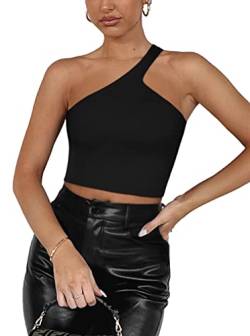 REORIA Damen Sommer Sexy Casual Eine Schulter Doppelt Gefüttert Nahtlos Rückenfrei Ärmellos Kurz Tank Ausgehen Trendy Cute Crop Tops Plus Size Schwarz X-Large von REORIA