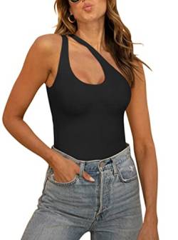 REORIA Damen Sommer Sexy One Shoulder Ausschnitt vorne ärmellos einteilig Tanktops rückenfrei Tanga Bodysuits Trikots zum Ausgehen Plus Größe Schwarz X-Large von REORIA