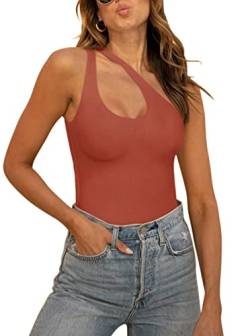 REORIA Damen Sommer Sexy One Shoulder Ausschnitt vorne ärmellos einteilig Tanktops rückenfrei Tanga Bodysuits Trikots zum Ausgehen Rostrot klein von REORIA