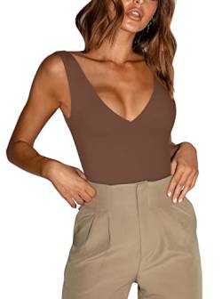 REORIA Damen Sommer Sexy Plunge Tiefer V-Ausschnitt Ärmellos Doppelt gefüttert Einteilig Tanktops Tanga Bodysuits Trikots zum Ausgehen Kaffee XLarge von REORIA