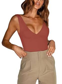 REORIA Damen Sommer Sexy Plunge Tiefer V-Ausschnitt Ärmellos Doppelt gefüttert Einteilig Tanktops Tanga Bodysuits Trikots zum Ausgehen Rostrot Groß von REORIA