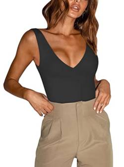 REORIA Damen Sommer Sexy Plunge Tiefer V-Ausschnitt Ärmellos Doppelt gefüttert Einteilig Tanktops Tanga Bodysuits Trikots zum Ausgehen Schwarz XLarge von REORIA