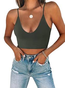 REORIA Damen Sommer Sexy U-Ausschnitt Ärmellos Cropped Cami Camisoles Grundlegende Passform Verstellbare Spaghettiträger Nahtloses Yoga Tank Top Niedliche Crop Tops für Teenager Grau Grün Groß von REORIA