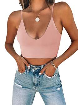 REORIA Damen Sommer Sexy U-Ausschnitt Ärmellos Cropped Cami Camisoles Grundlegende Passform Verstellbare Spaghettiträger Nahtloses Yoga Tank Top Niedliche Crop Tops für Teenager Rosa Groß von REORIA