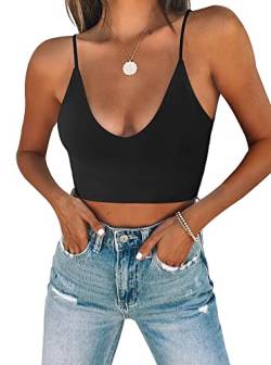 REORIA Damen Sommer Sexy U-Ausschnitt Ärmellos Cropped Cami Camisoles Grundlegende Passform Verstellbare Spaghettiträger Nahtloses Yoga Tank Top Niedliche Crop Tops für Teenager Schwarz Klein von REORIA