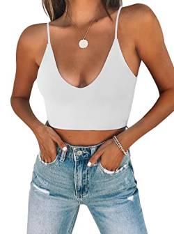 REORIA Damen Sommer Sexy U-Ausschnitt Ärmellos Cropped Cami Camisoles Grundlegende Passform Verstellbare Spaghettiträger Nahtloses Yoga Tank Top Niedliche Crop Tops für Teenager Weiß Groß von REORIA