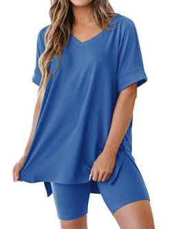 REORIA Damen T-Shirt Radlerhose Kombi-Sets V-Ausschnitt Kurzarm Lounge Wear Sets y2k Trainingsanzug Komplettset Gym Sets Blau S von REORIA