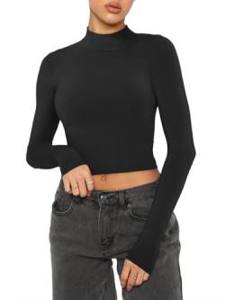 REORIA Damen T-Shirt niedlichem Rollkragenpullover langärmelig gerippt eng anliegend Bauchfreies Oberteil Schwarz S von REORIA