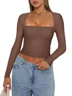 REORIA Damen T Shirts Herbst sexy lässig quadratischer Ausschnitt langärmelig eng geschnitten schmal geschnitten Basic Y2K trendiges Ausgehen Crop Tops für Teenager Mädchen Kaffee Größe S von REORIA