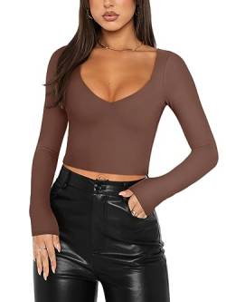 REORIA Damen T Shirts sexy trendig V Ausschnitt langärmelig schmal geschnitten Herbst Ausgehen Party lässig Basic Y2K Crop Tops Kaffee Größe S von REORIA