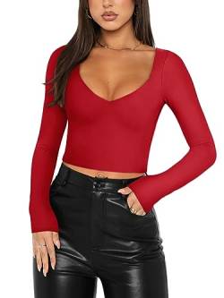 REORIA Damen T Shirts sexy trendig V Ausschnitt langärmelig schmal geschnitten Herbst Ausgehen Party lässig Basic Y2K Crop Tops Rot Größe L von REORIA