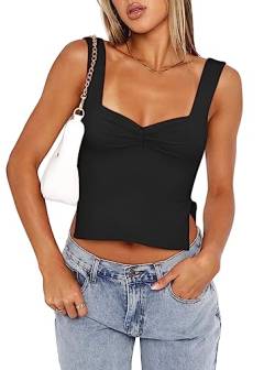 REORIA Damen Tanktops sexy gerüscht herzförmiger Ausschnitt rückenfrei ärmellos seitlich geteilt zum Ausgehen Y2K Trendige Kurze Tanktops Schwarz XXL von REORIA