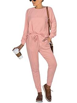 REORIA Damen Tracksuit 2-teilige Outfits Langarm-Oberteil und Unterteil Jogger-Sets Sweatsuits Trainingsanzug Rosa XL von REORIA