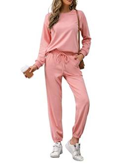 REORIA Damen Tracksuit Langarm Rundhalsausschnitt Einfarbig Zweiteiler Outfit Hoodie Jogger Trainingsanzug Set Sweatshirt & Jogginghose Rosa S von REORIA