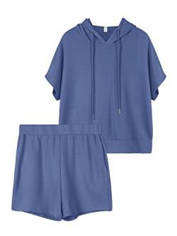 REORIA Damen Trainingsanzüge Kurzarm-Hoodie und fließende Shorts Jogginganzug Zweiteiler Overall Sommer Outfits Blau M von REORIA