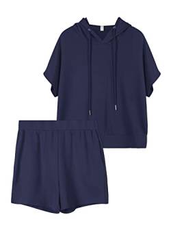 REORIA Damen Trainingsanzüge Kurzarm-Hoodie und fließende Shorts Jogginganzug Zweiteiler Overall Sommer Outfits Marineblau XL von REORIA