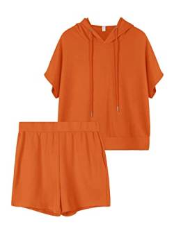 REORIA Damen Trainingsanzüge Kurzarm-Hoodie und fließende Shorts Jogginganzug Zweiteiler Overall Sommer Outfits Orange S von REORIA