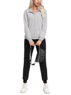 REORIA Damen Trainingsanzug aus Baumwoll Fleece Jogginganzug Set mit Reißverschluss Activewear Hausanzug Workout Sport Outfit Set Hellgrau XL von REORIA